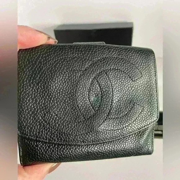 Authentic CHANEL CC Logo Coin Case Wallet Caviar Skin Leather Black Vintage - Picture 1 of 16